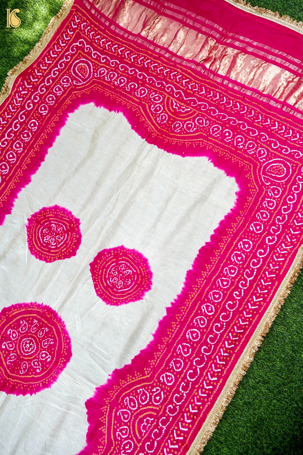 Handwoven Bandhani Gajji Silk Dupatta in Pink &amp; White
