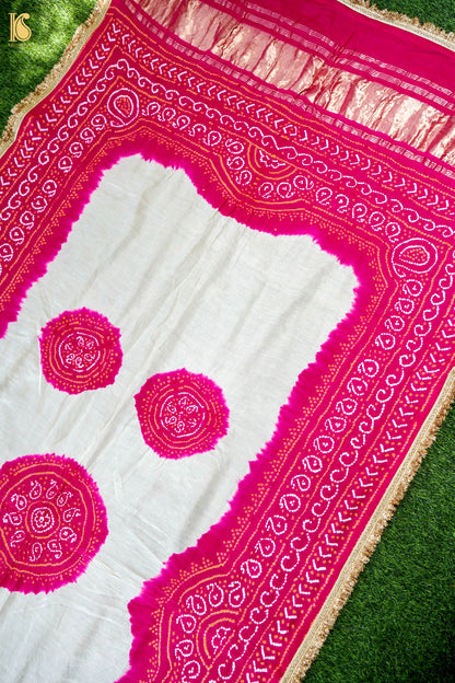 Handwoven Bandhani Gajji Silk Dupatta in Pink &amp; White
