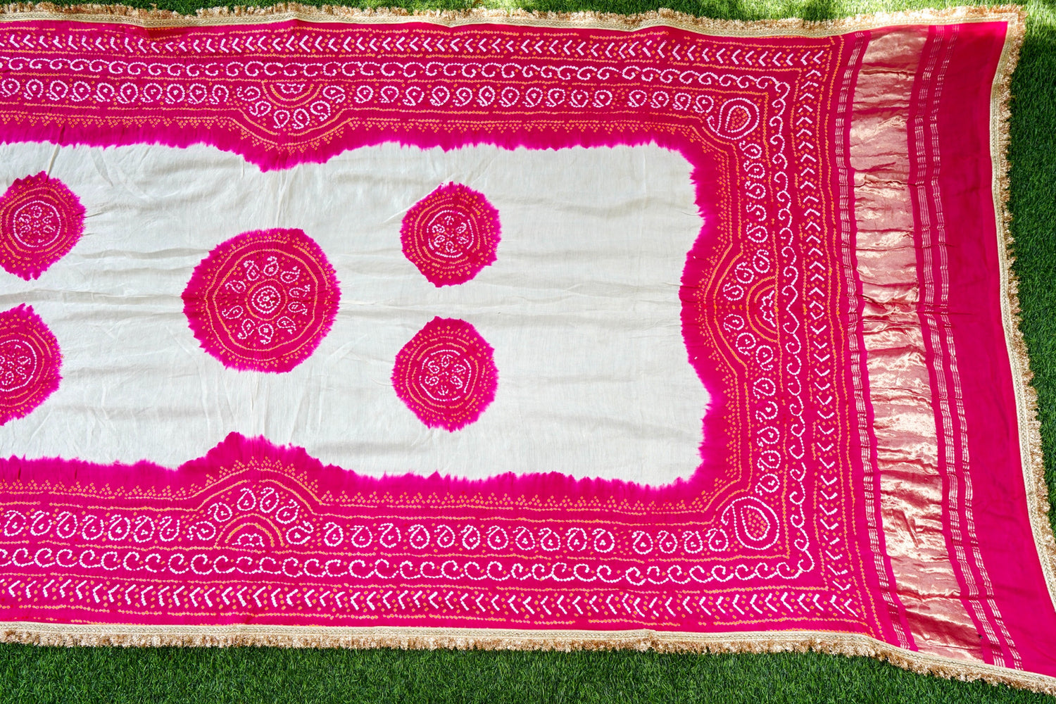 Handwoven Bandhani Gajji Silk Dupatta in Pink &amp; White
