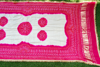 Handwoven Bandhani Gajji Silk Dupatta in Pink &amp; White