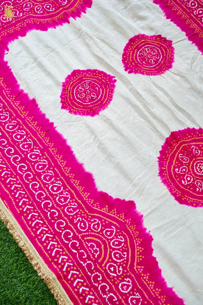 Handwoven Bandhani Gajji Silk Dupatta in Pink &amp; White