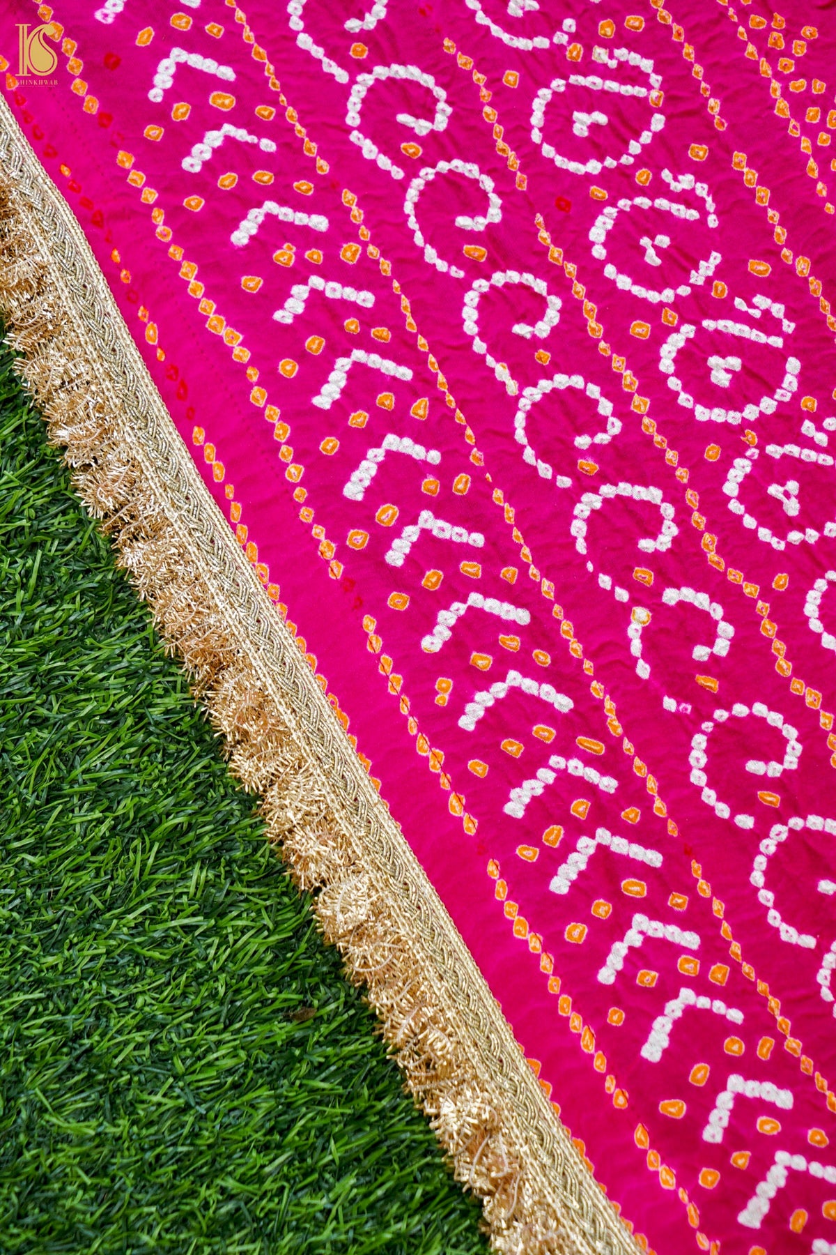 Handwoven Bandhani Gajji Silk Dupatta in Pink &amp; White