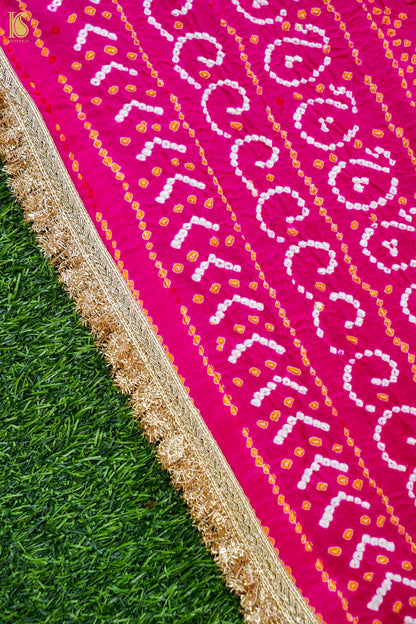 Handwoven Bandhani Gajji Silk Dupatta in Pink &amp; White