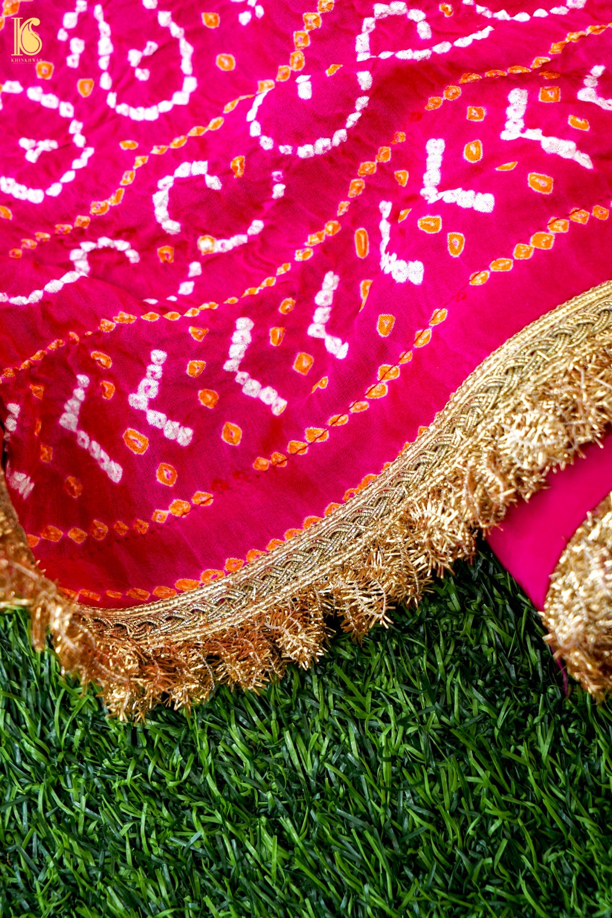Handwoven Bandhani Gajji Silk Dupatta in Pink &amp; White