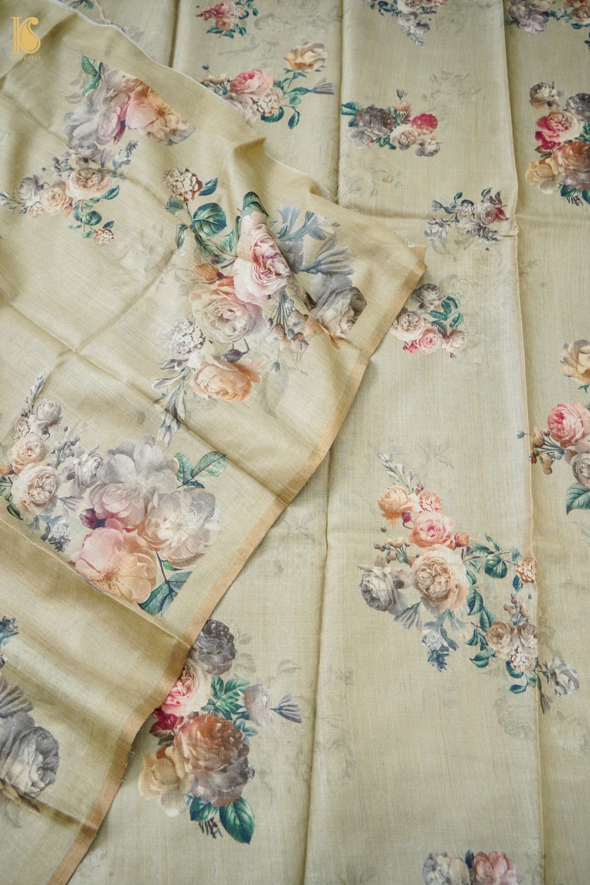 Digital Printed Tussar Kurta Fabric with Dupatta in Sage Green
