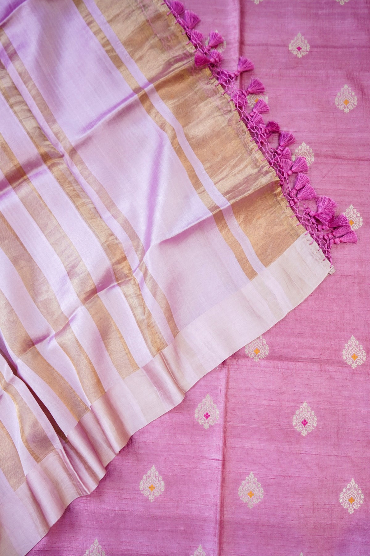 Handwoven Tussar Kurta Fabric with Striped Dupatta in Pink