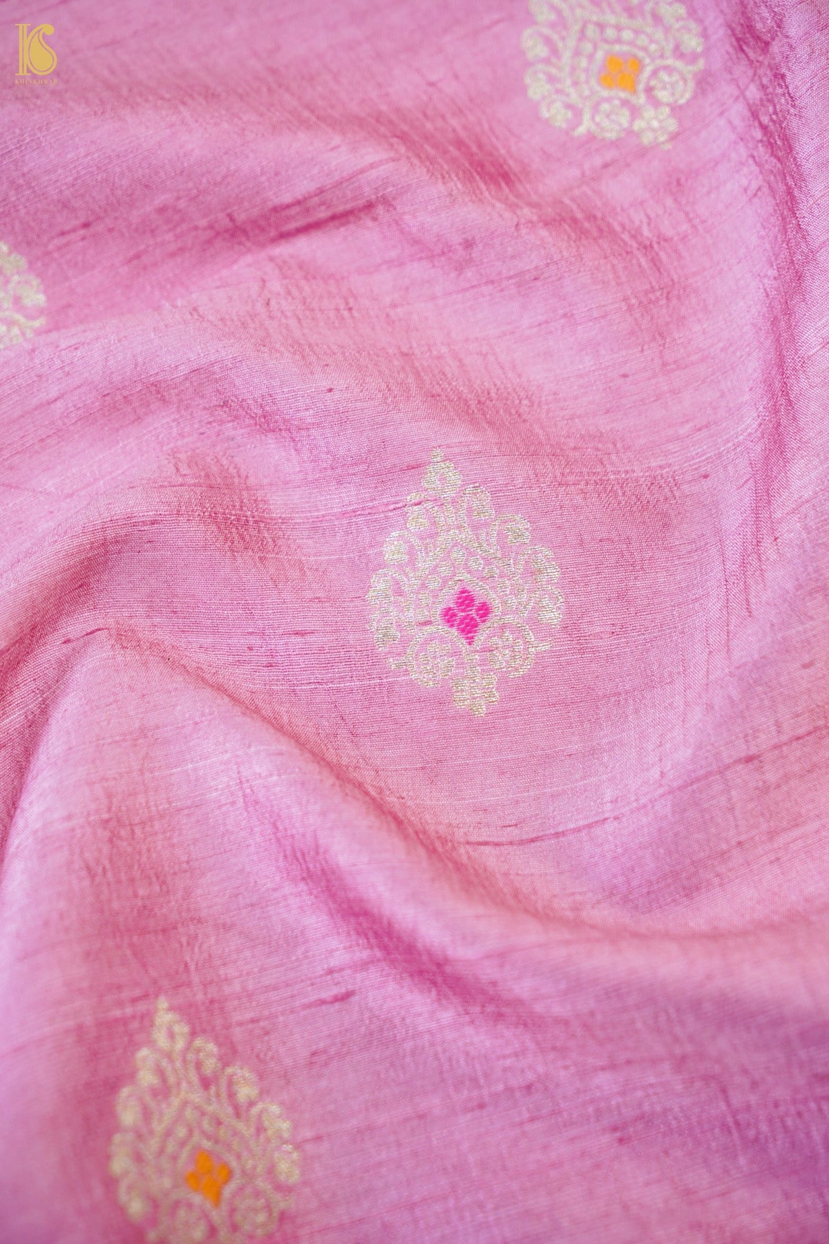 Handwoven Tussar Kurta Fabric with Striped Dupatta in Pink