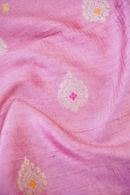 Handwoven Tussar Kurta Fabric with Striped Dupatta in Pink