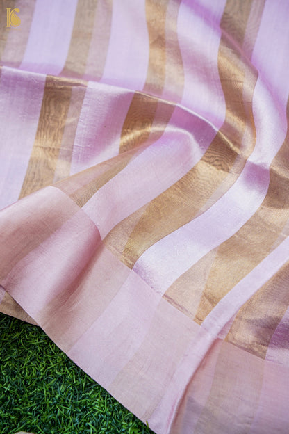 Handwoven Tussar Kurta Fabric with Striped Dupatta in Pink