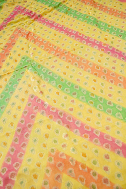 Pure Georgette Leheriya Kurta Fabric in Yellow Multicolour