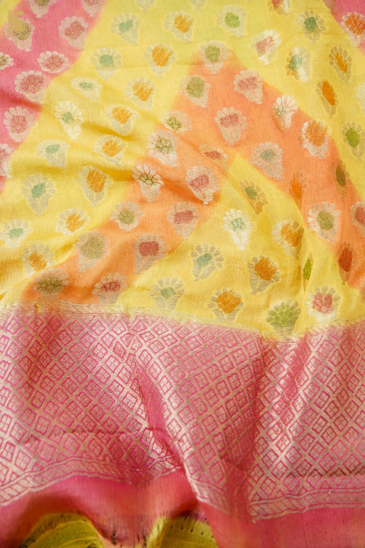 Pure Georgette Leheriya Kurta Fabric in Yellow Multicolour