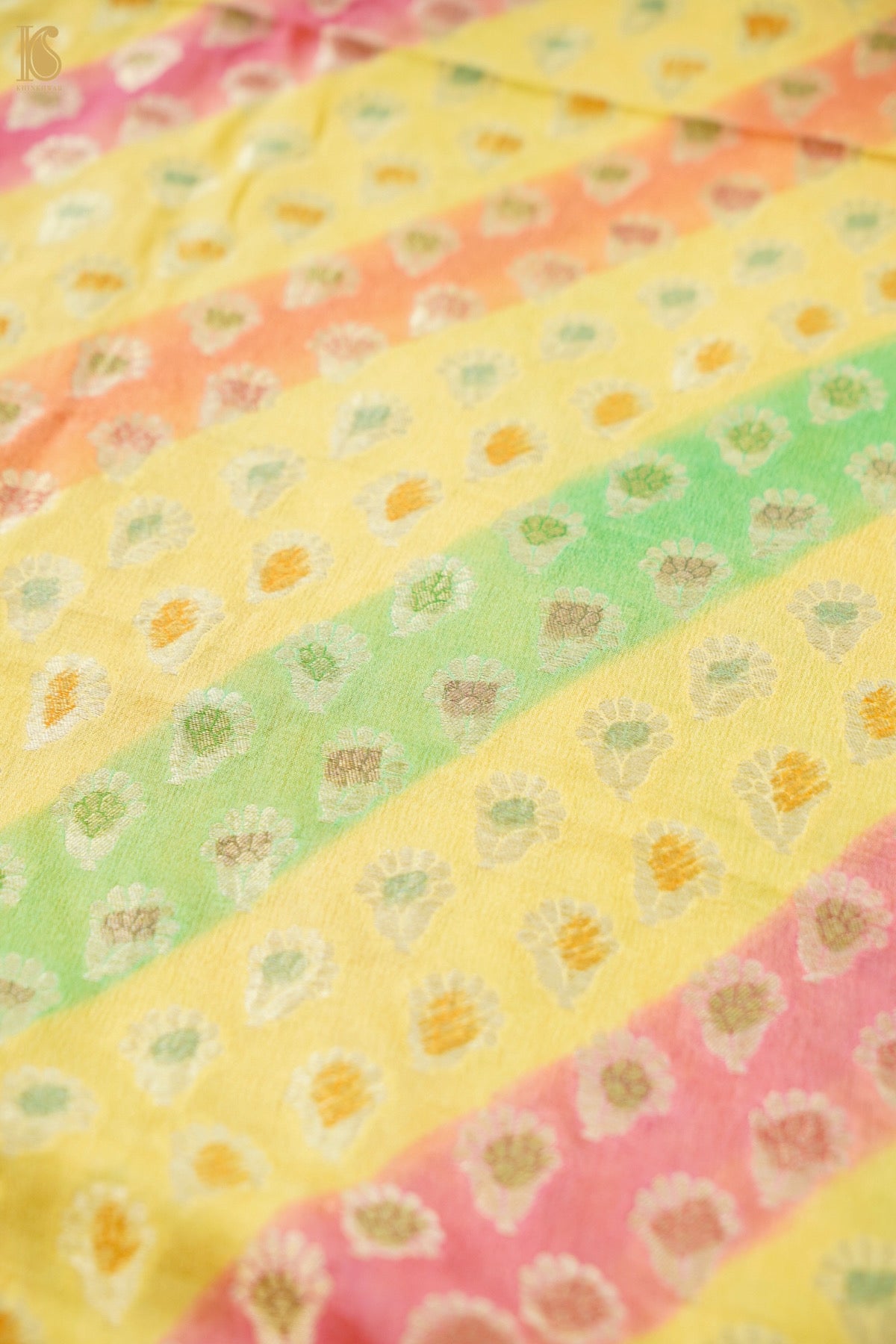 Pure Georgette Leheriya Kurta Fabric in Yellow Multicolour