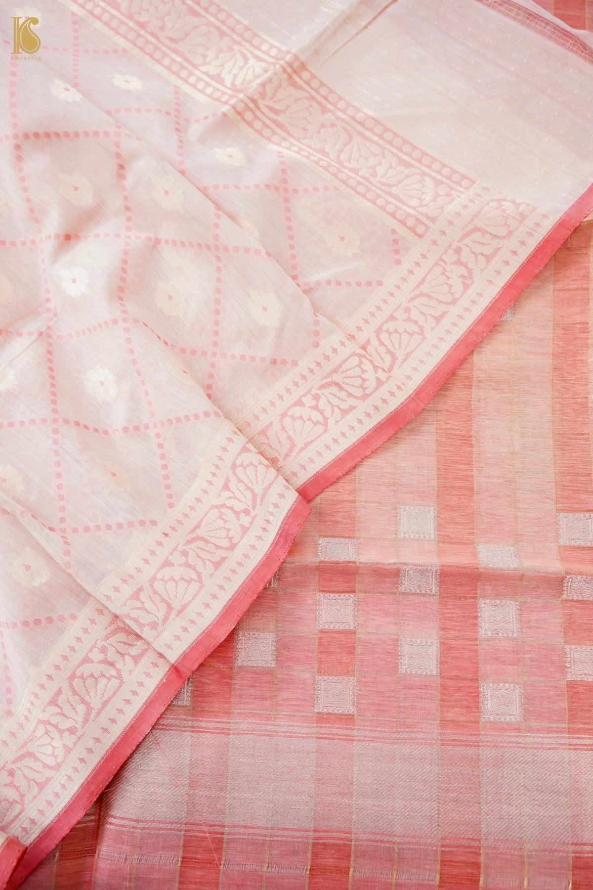 Handwoven Cotton Banarasi Kurta Fabric with Checkered Dupatta in White Pink