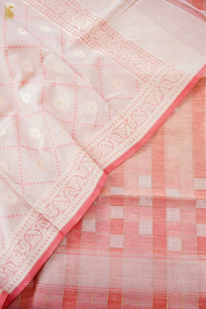 Handwoven Cotton Banarasi Kurta Fabric with Checkered Dupatta in White Pink