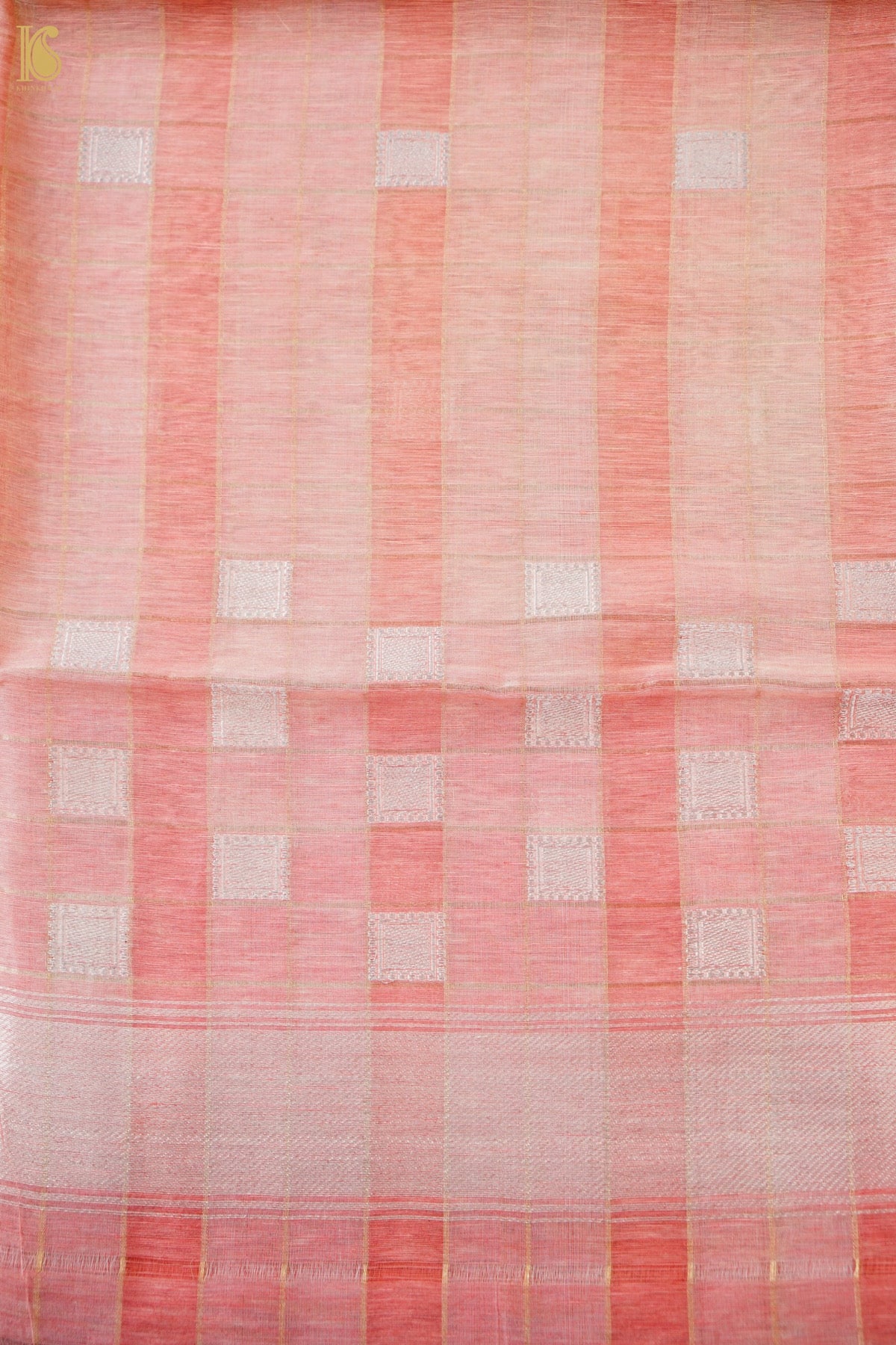 Handwoven Cotton Banarasi Kurta Fabric with Checkered Dupatta in White Pink