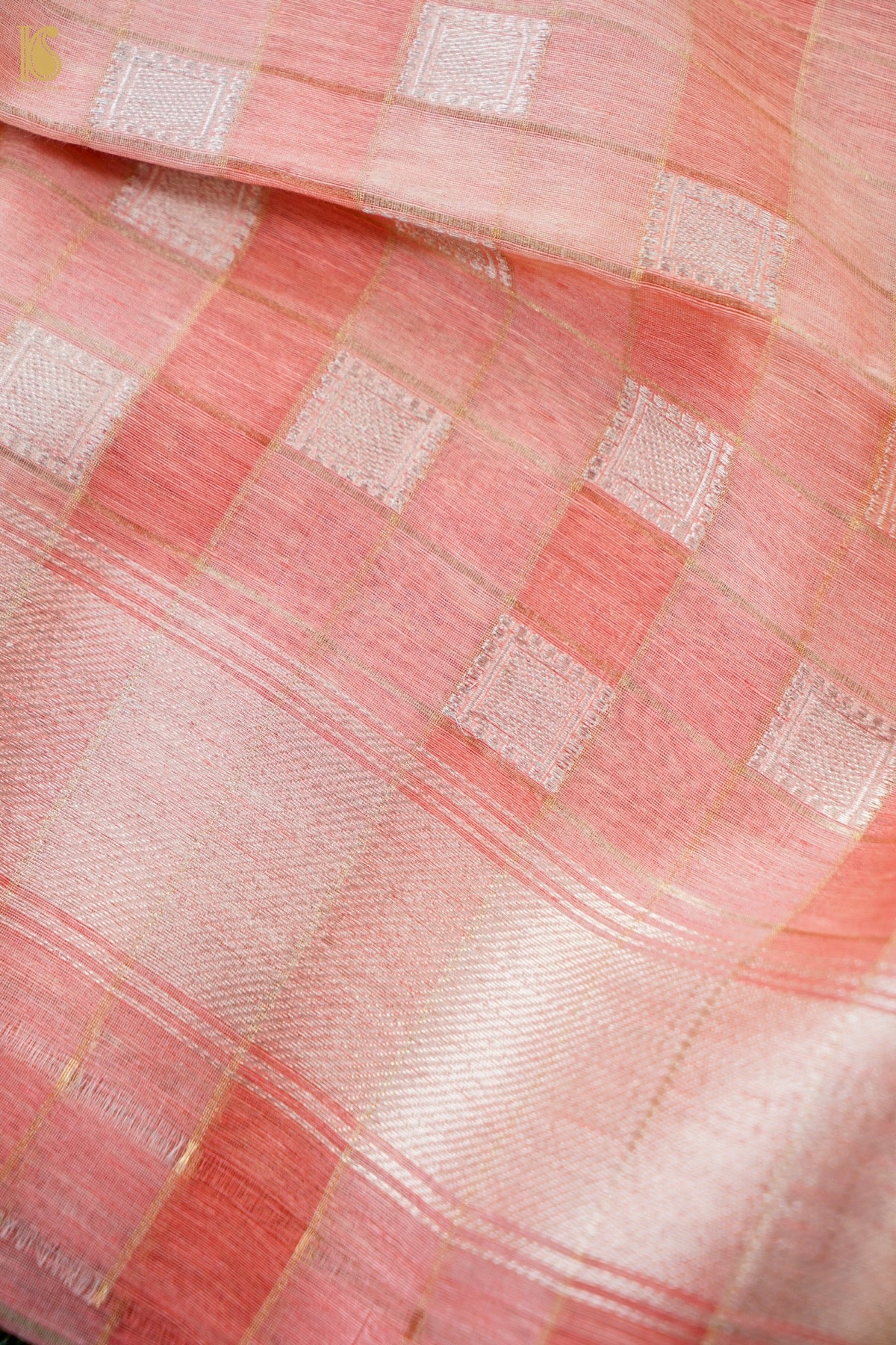 Handwoven Cotton Banarasi Kurta Fabric with Checkered Dupatta in White Pink