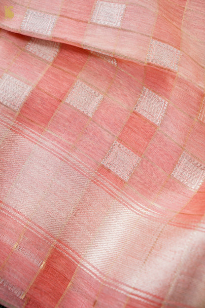 Handwoven Cotton Banarasi Kurta Fabric with Checkered Dupatta in White Pink