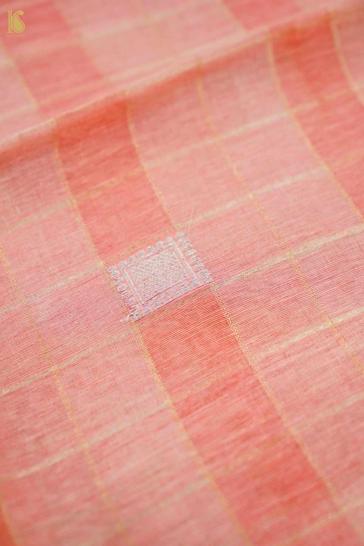 Handwoven Cotton Banarasi Kurta Fabric with Checkered Dupatta in White Pink