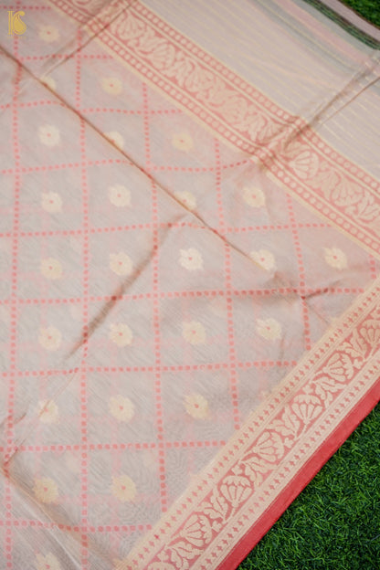 Handwoven Cotton Banarasi Kurta Fabric with Checkered Dupatta in White Pink