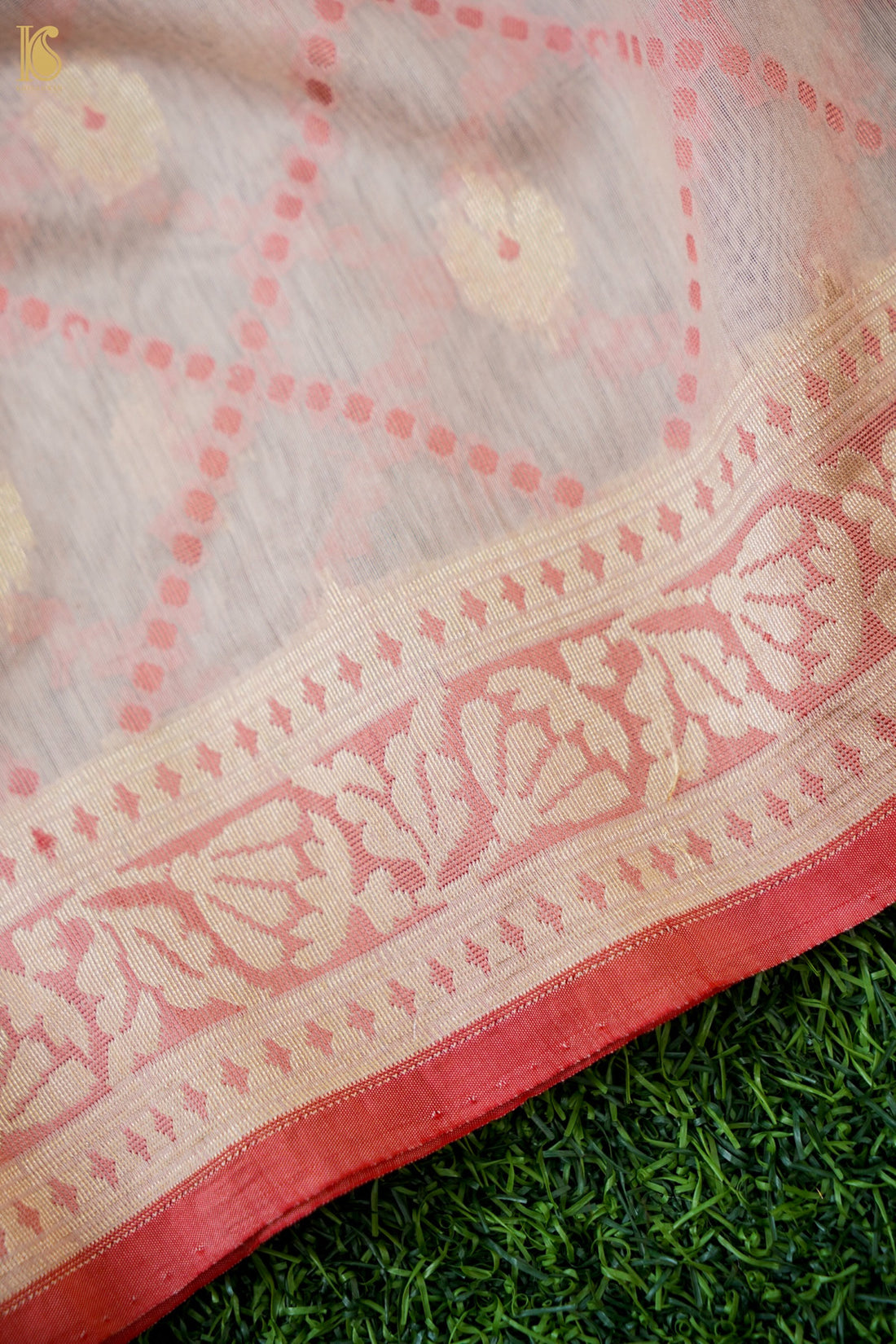 Handwoven Cotton Banarasi Kurta Fabric with Checkered Dupatta in White Pink