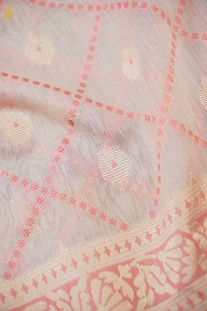 Handwoven Cotton Banarasi Kurta Fabric with Checkered Dupatta in White Pink