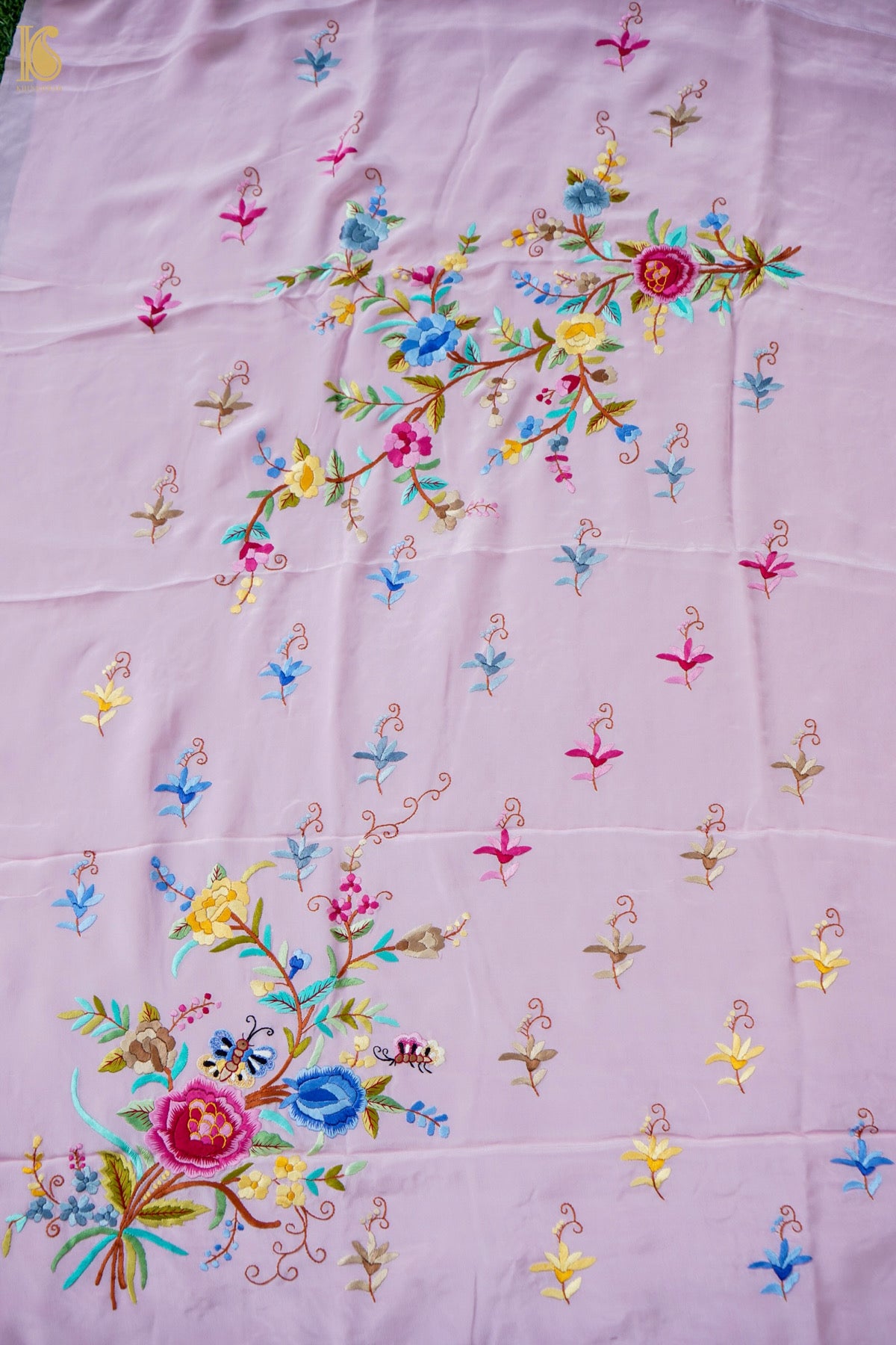 Hand Embroidered Crepe Kurta Fabric in Lilac Multicolour