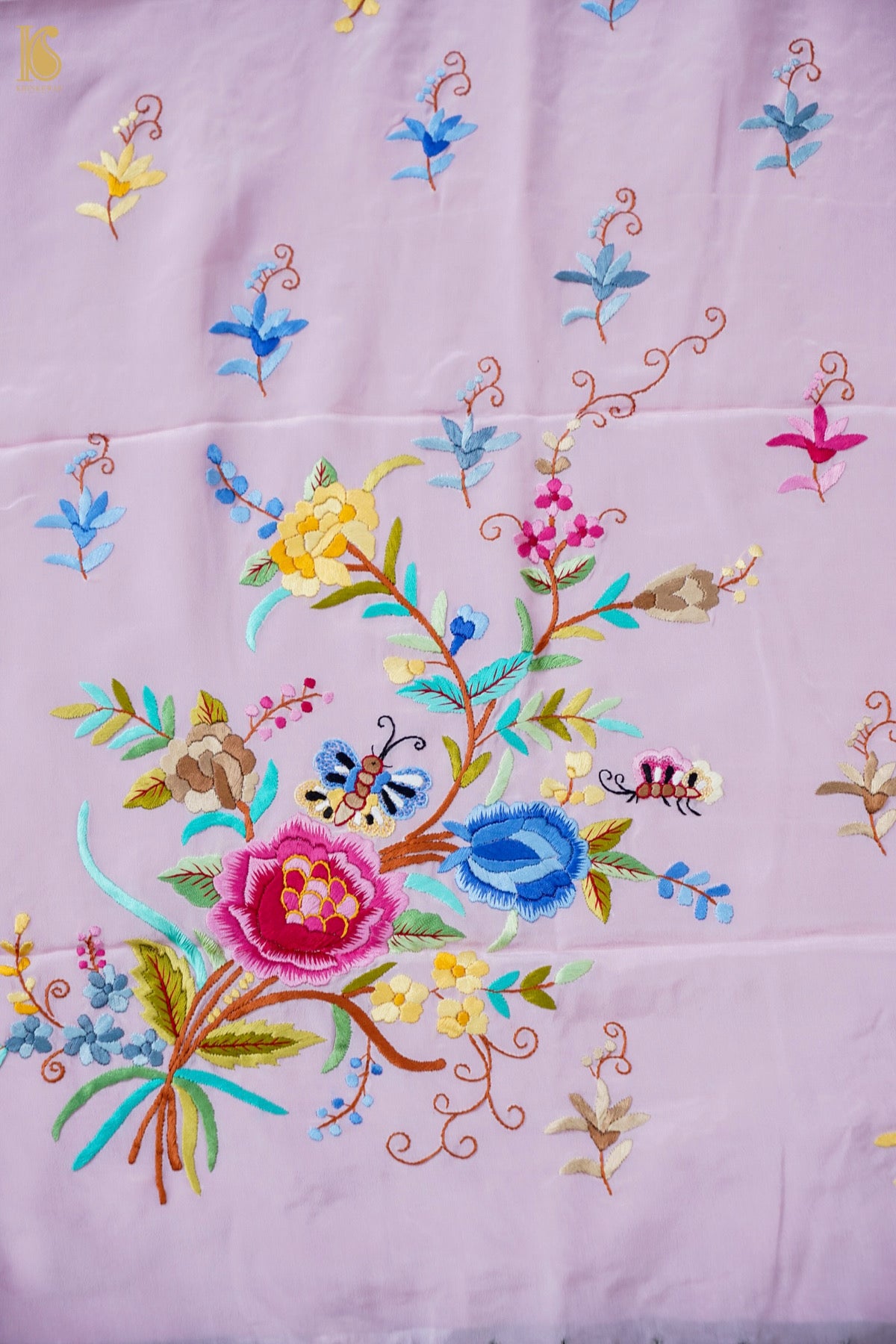 Hand Embroidered Crepe Kurta Fabric in Lilac Multicolour