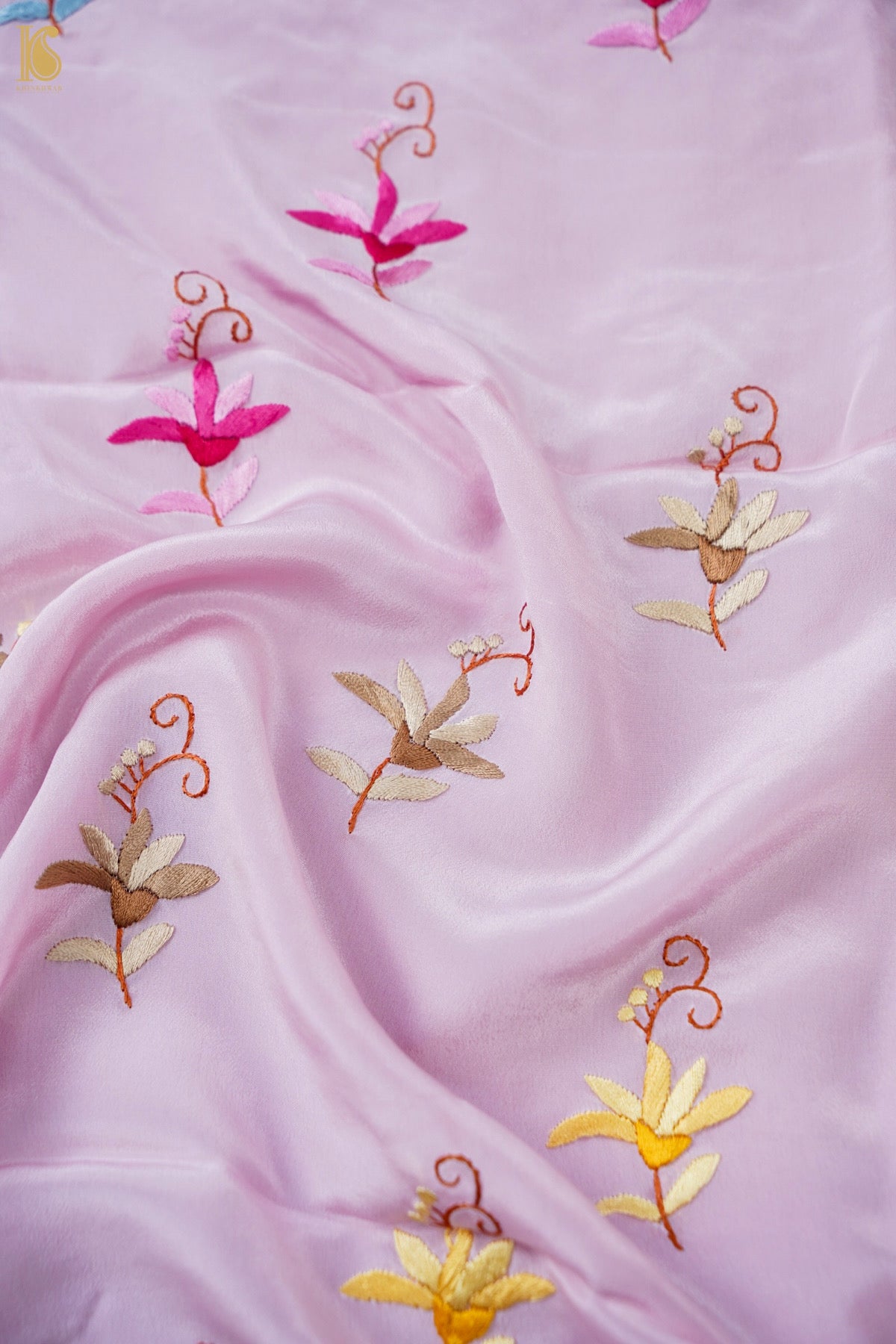 Hand Embroidered Crepe Kurta Fabric in Lilac Multicolour