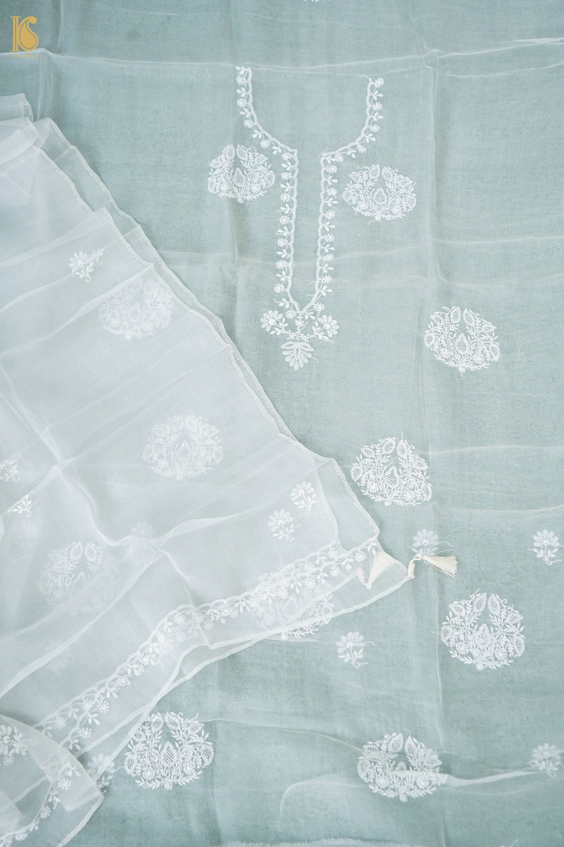 Chikankari Organza Kurta Fabric with Dupatta in White