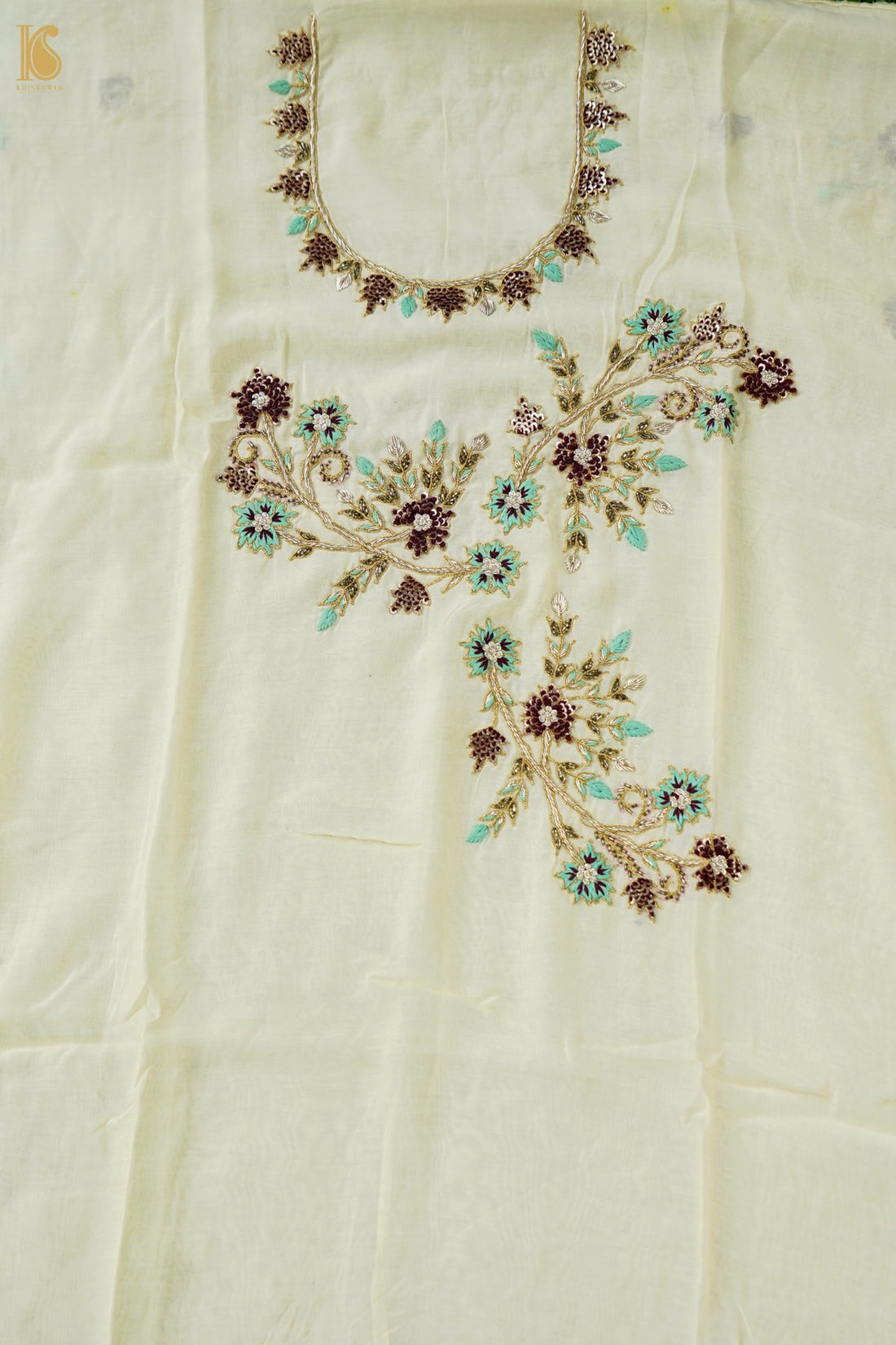 Hand Embroidered Silk Kurta Fabric in Ivory