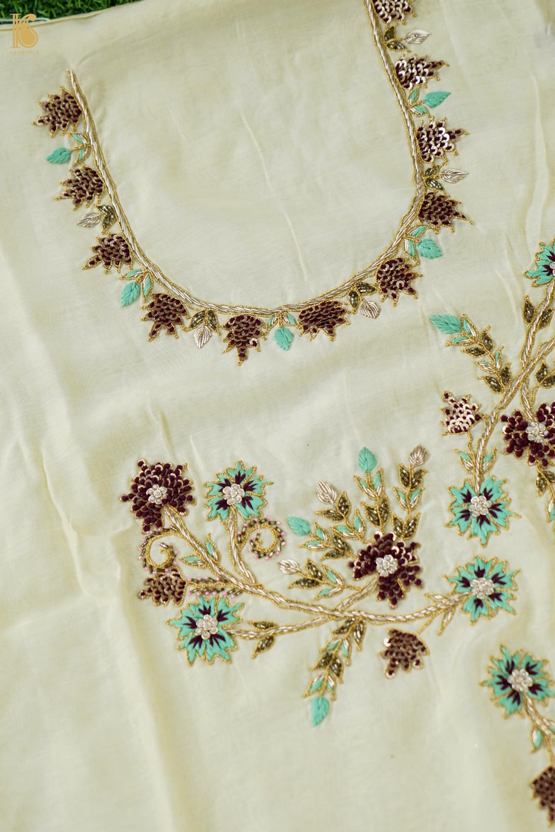 Hand Embroidered Silk Kurta Fabric in Ivory