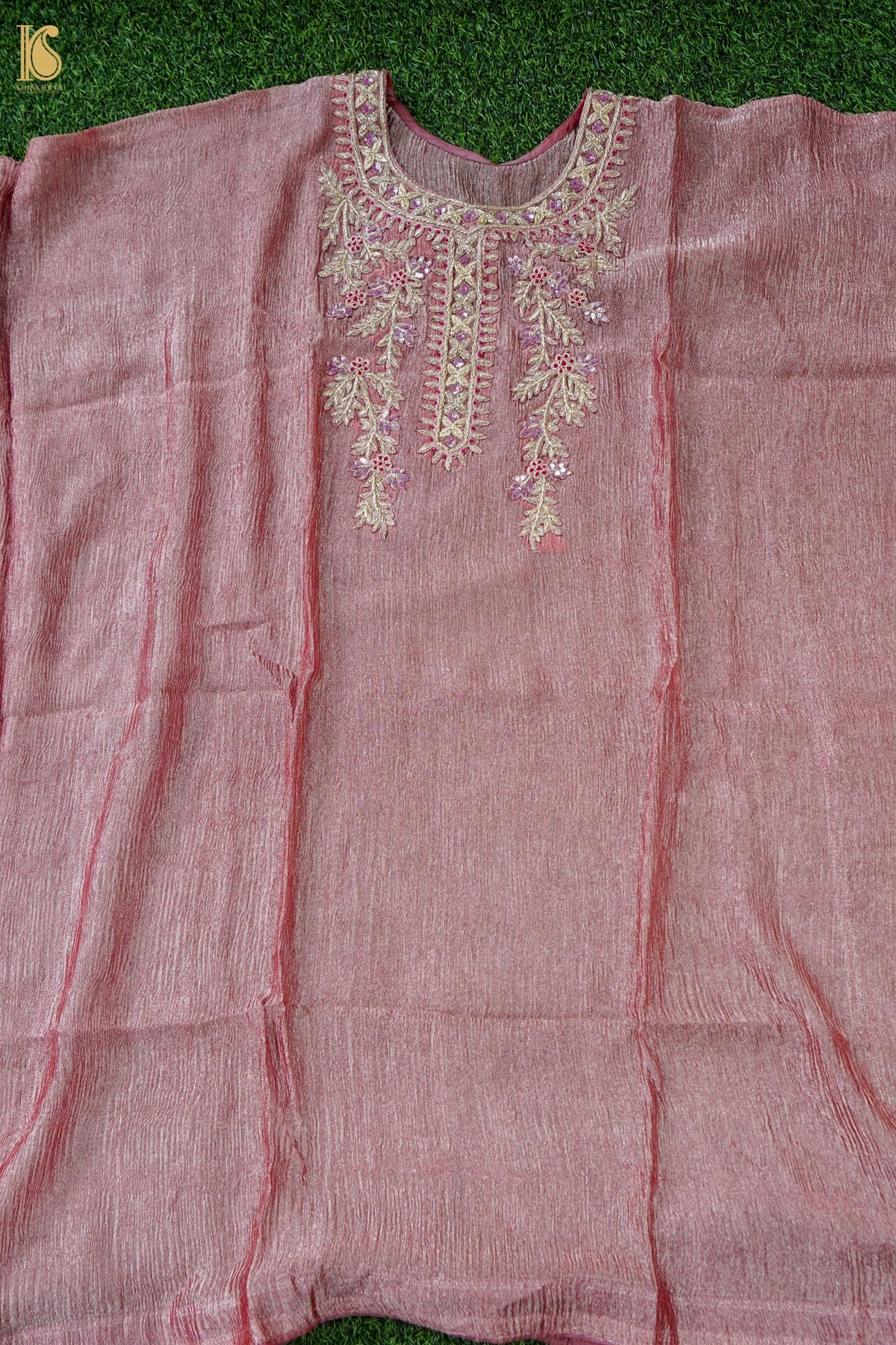 Crushed Tissue Silk Embroidered Kaftan in Orange