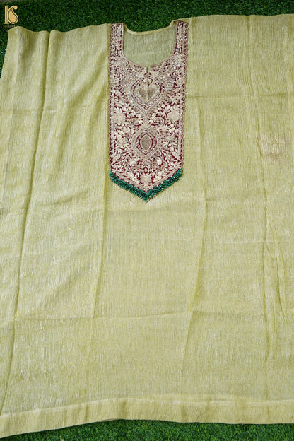 Crushed Tissue Silk Stitched Kaftan in Olive Green with Embroidered Panel