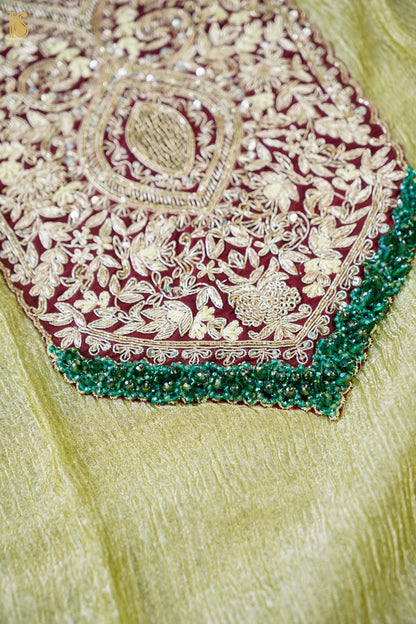 Crushed Tissue Silk Stitched Kaftan in Olive Green with Embroidered Panel