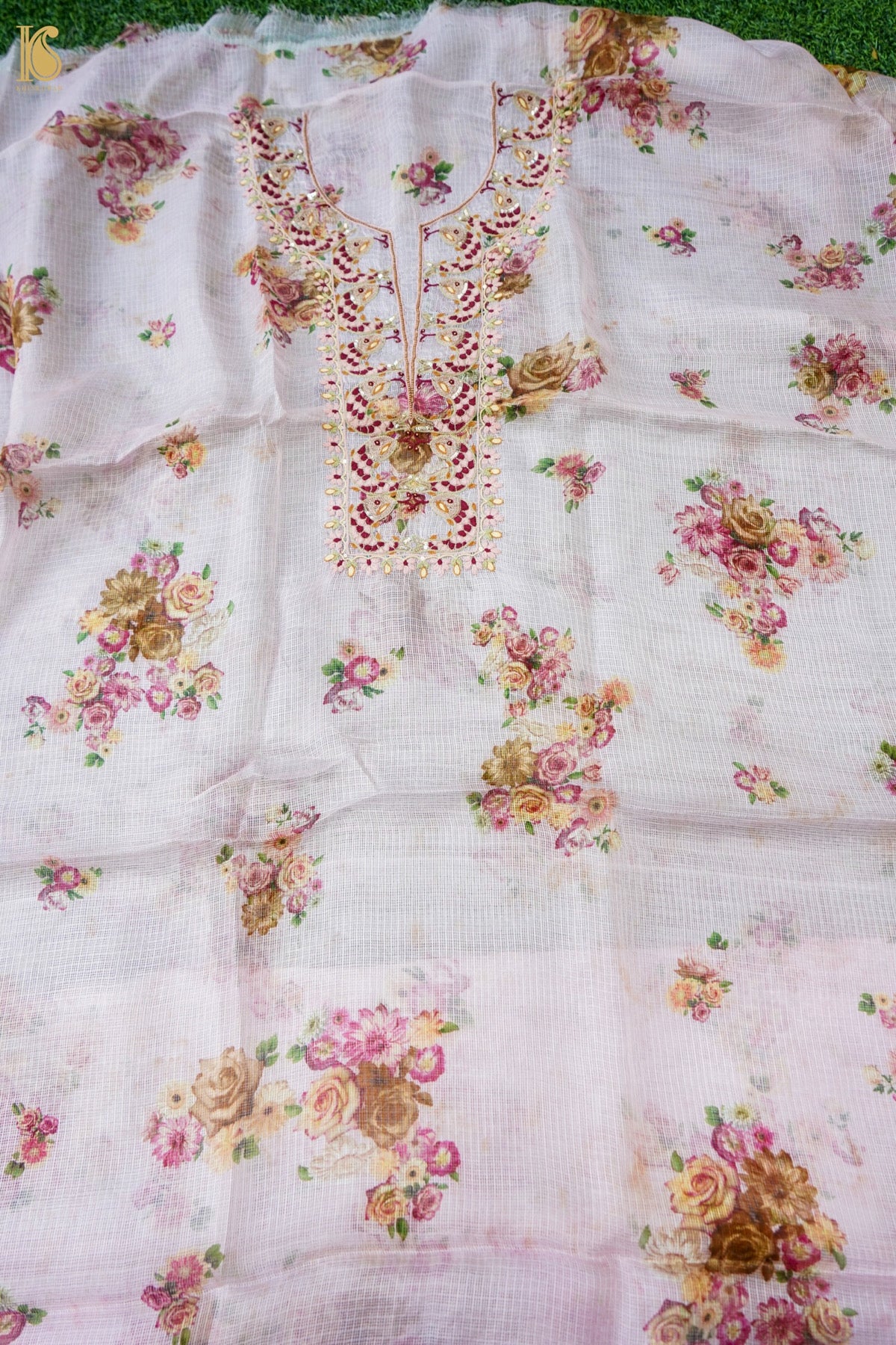 Floral Print Kota Silk Kurta Fabric with Embroidered Neckline in Pink