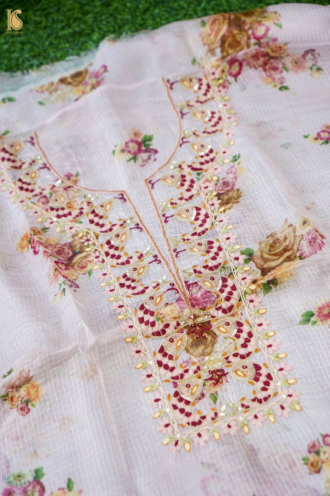 Floral Print Kota Silk Kurta Fabric with Embroidered Neckline in Pink