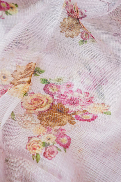 Floral Print Kota Silk Kurta Fabric with Embroidered Neckline in Pink
