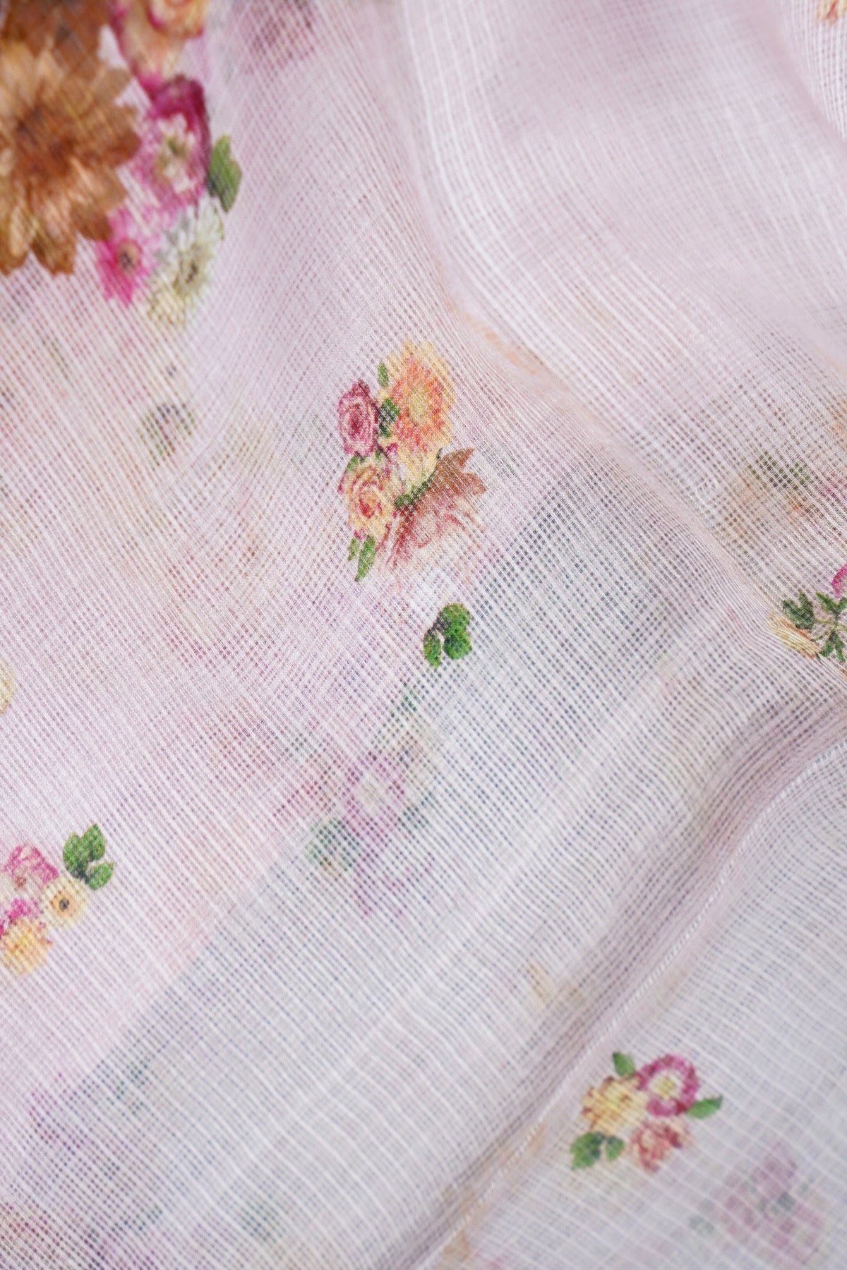Floral Print Kota Silk Kurta Fabric with Embroidered Neckline in Pink