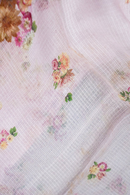 Floral Print Kota Silk Kurta Fabric with Embroidered Neckline in Pink