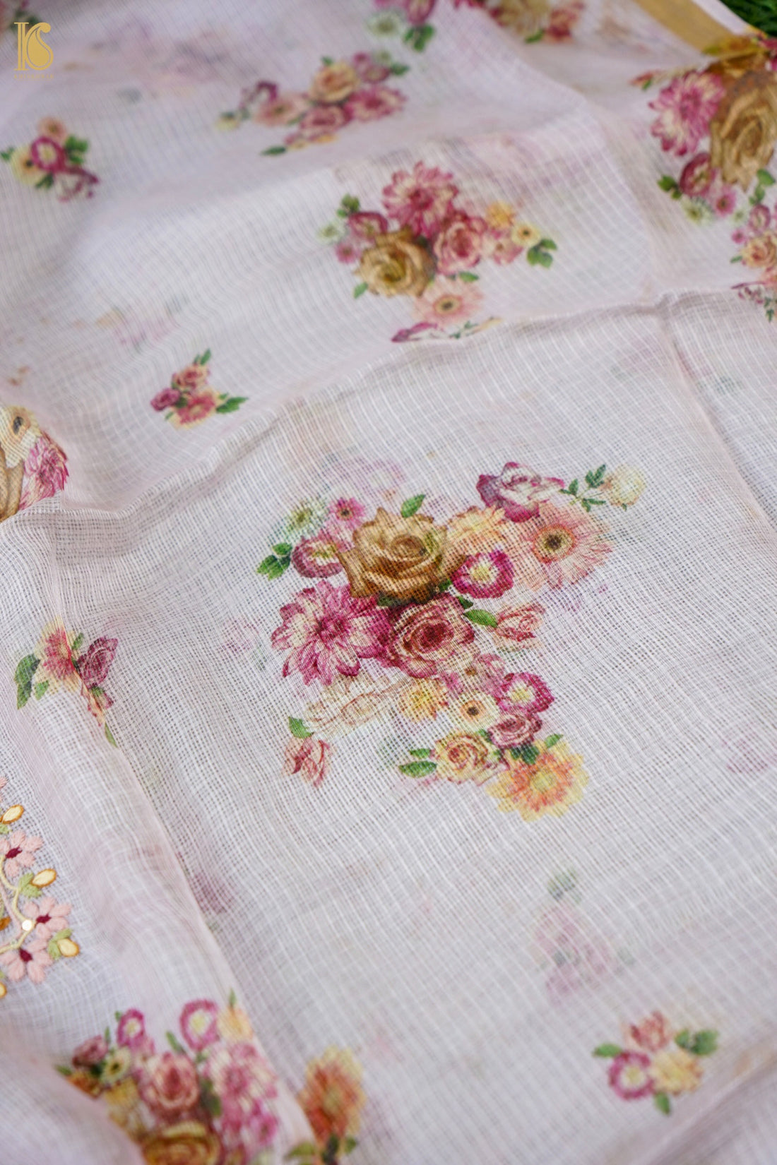Floral Print Kota Silk Kurta Fabric with Embroidered Neckline in Pink