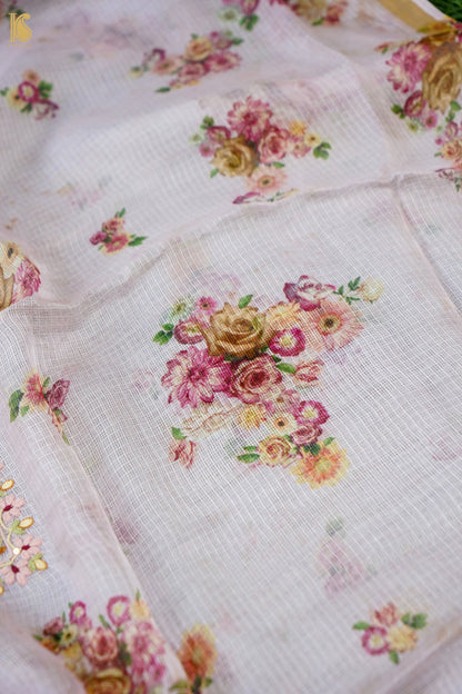 Floral Print Kota Silk Kurta Fabric with Embroidered Neckline in Pink