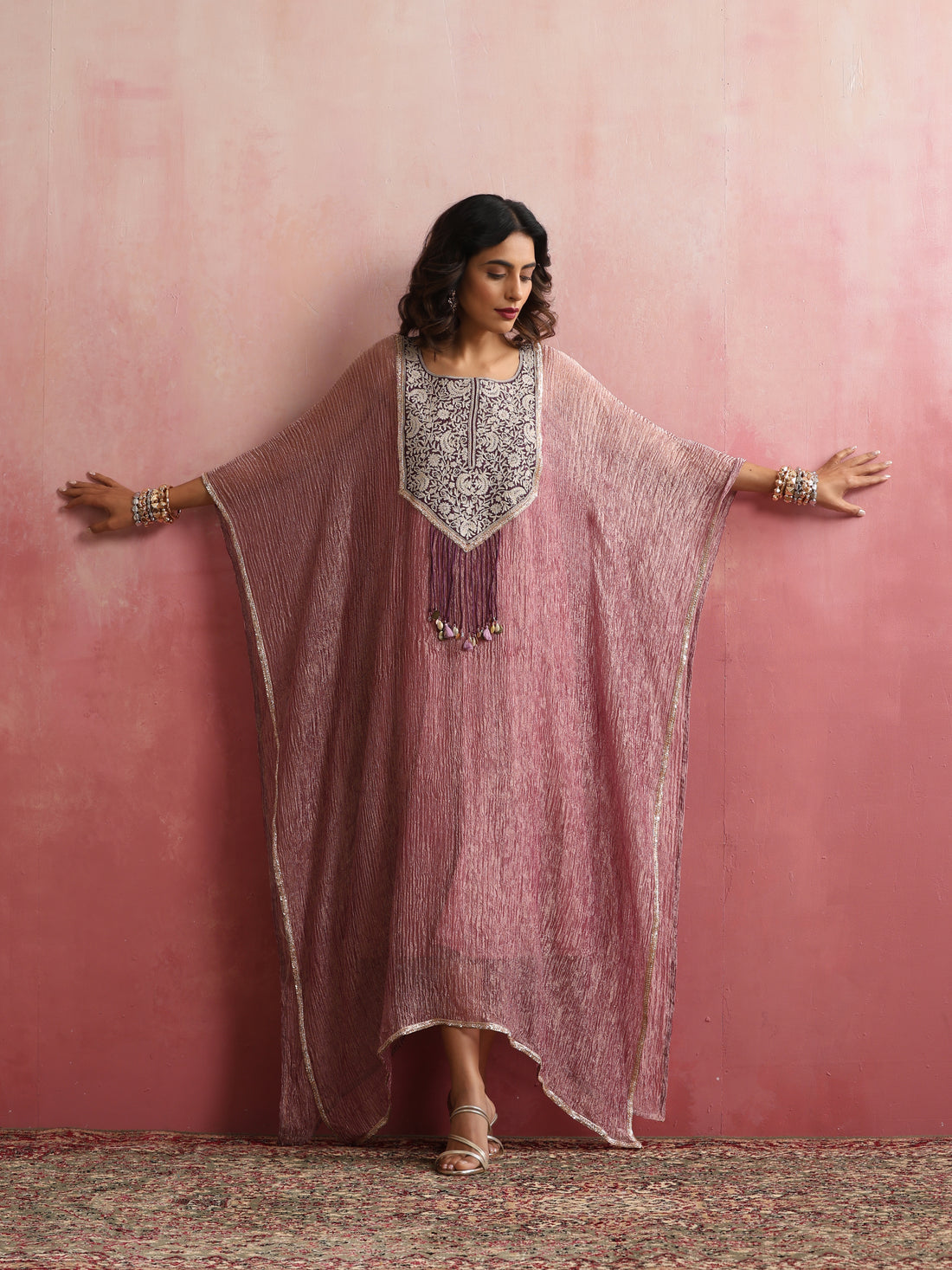 Stitched Crushed Tissue Silk Embroidered Kaftan in Dusty Rose