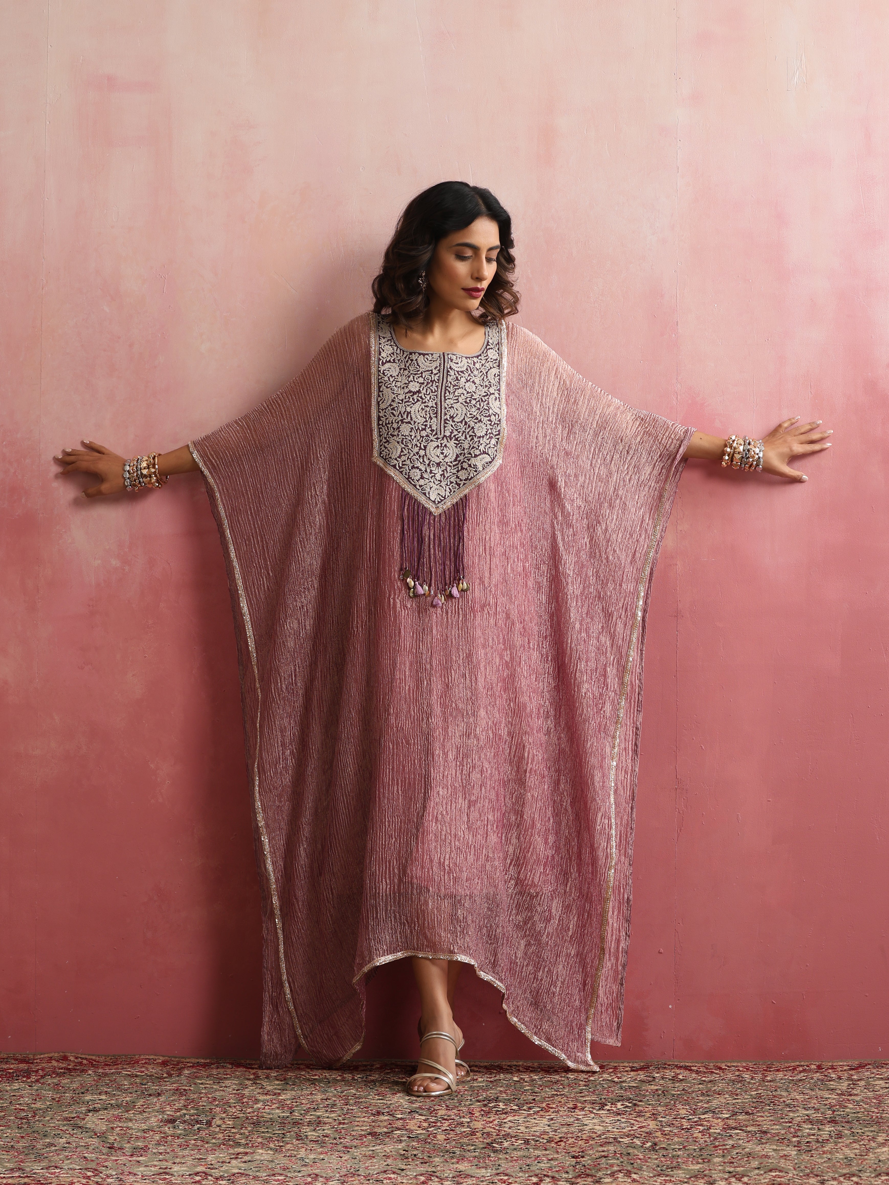 Stitched Crushed Tissue Silk Embroidered Kaftan in Dusty Rose
