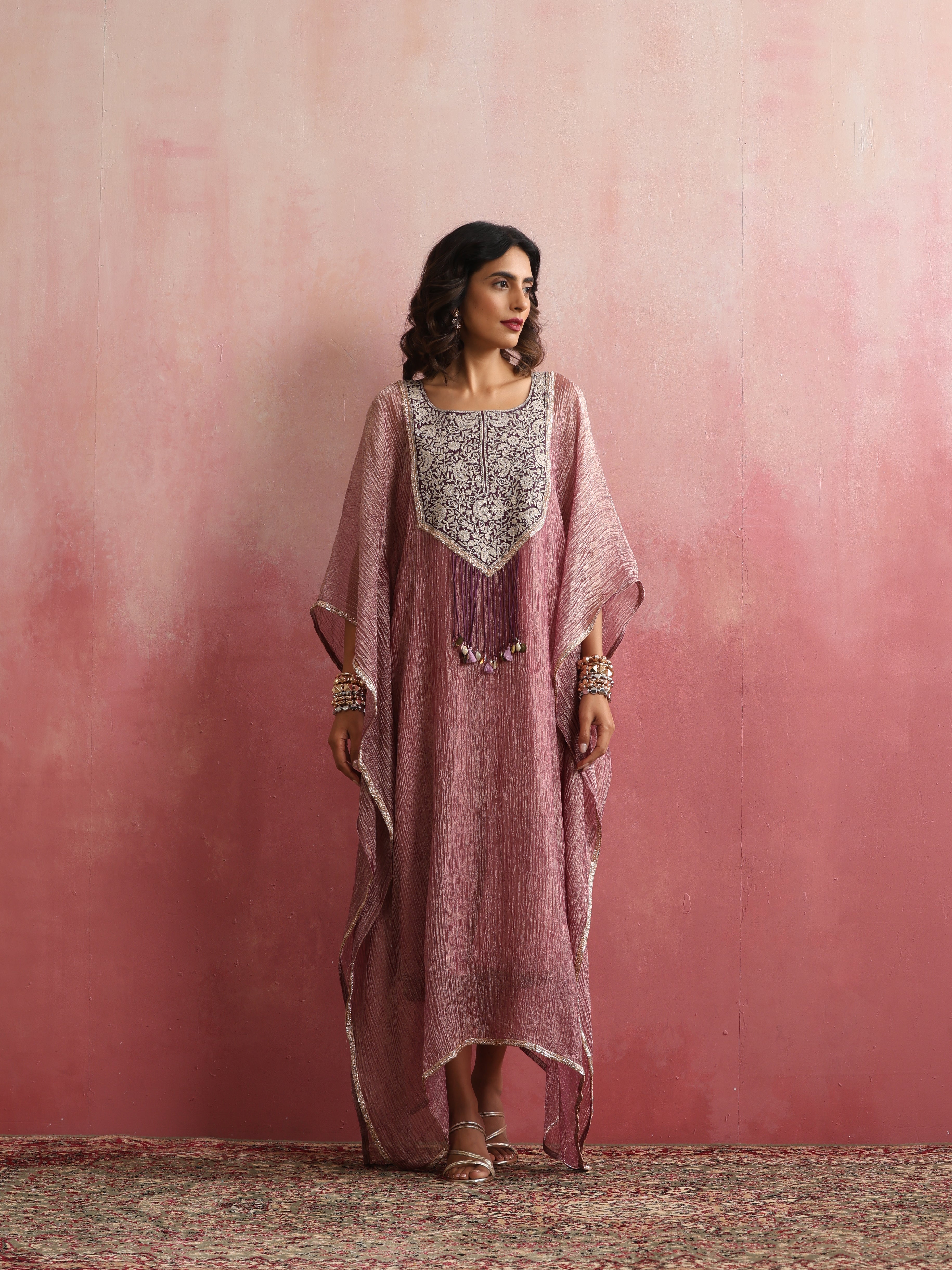 Stitched Crushed Tissue Silk Embroidered Kaftan in Dusty Rose