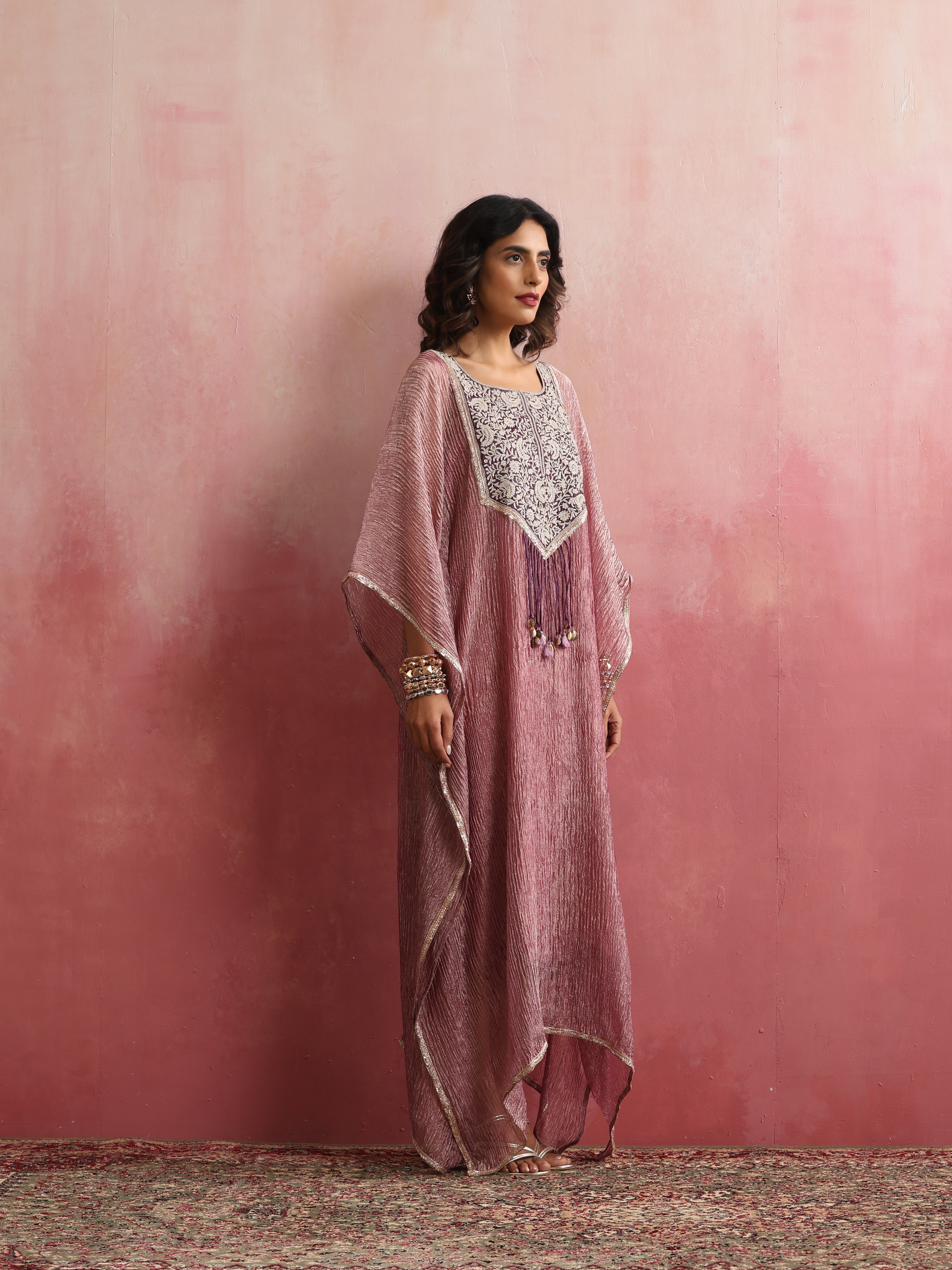 Stitched Crushed Tissue Silk Embroidered Kaftan in Dusty Rose