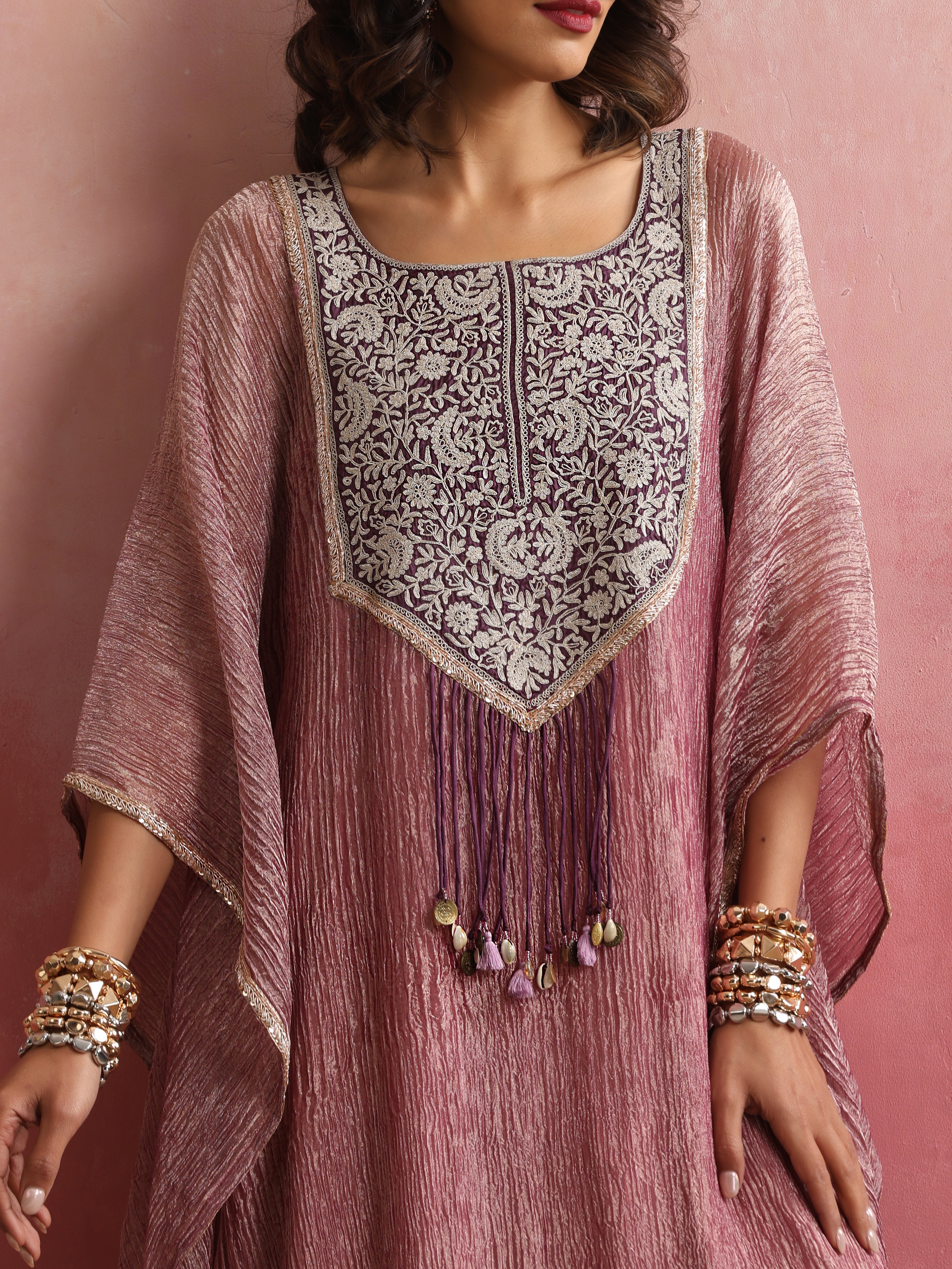 Stitched Crushed Tissue Silk Embroidered Kaftan in Dusty Rose