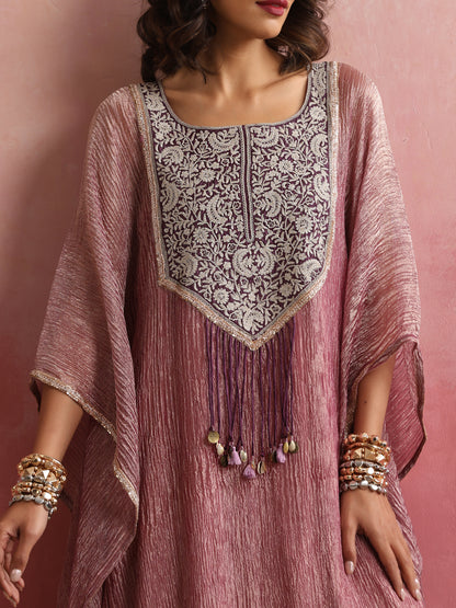 Stitched Crushed Tissue Silk Embroidered Kaftan in Dusty Rose