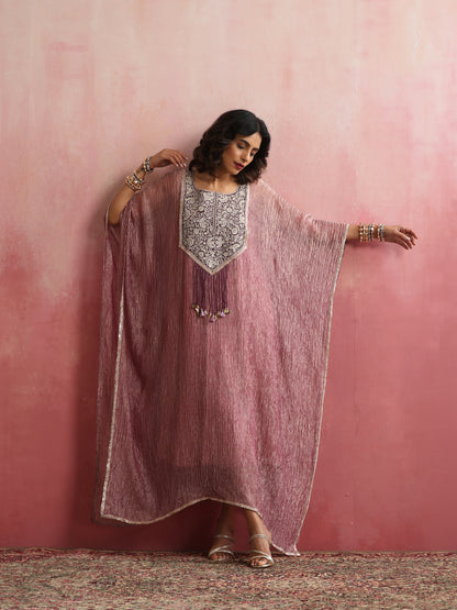 Stitched Crushed Tissue Silk Embroidered Kaftan in Dusty Rose