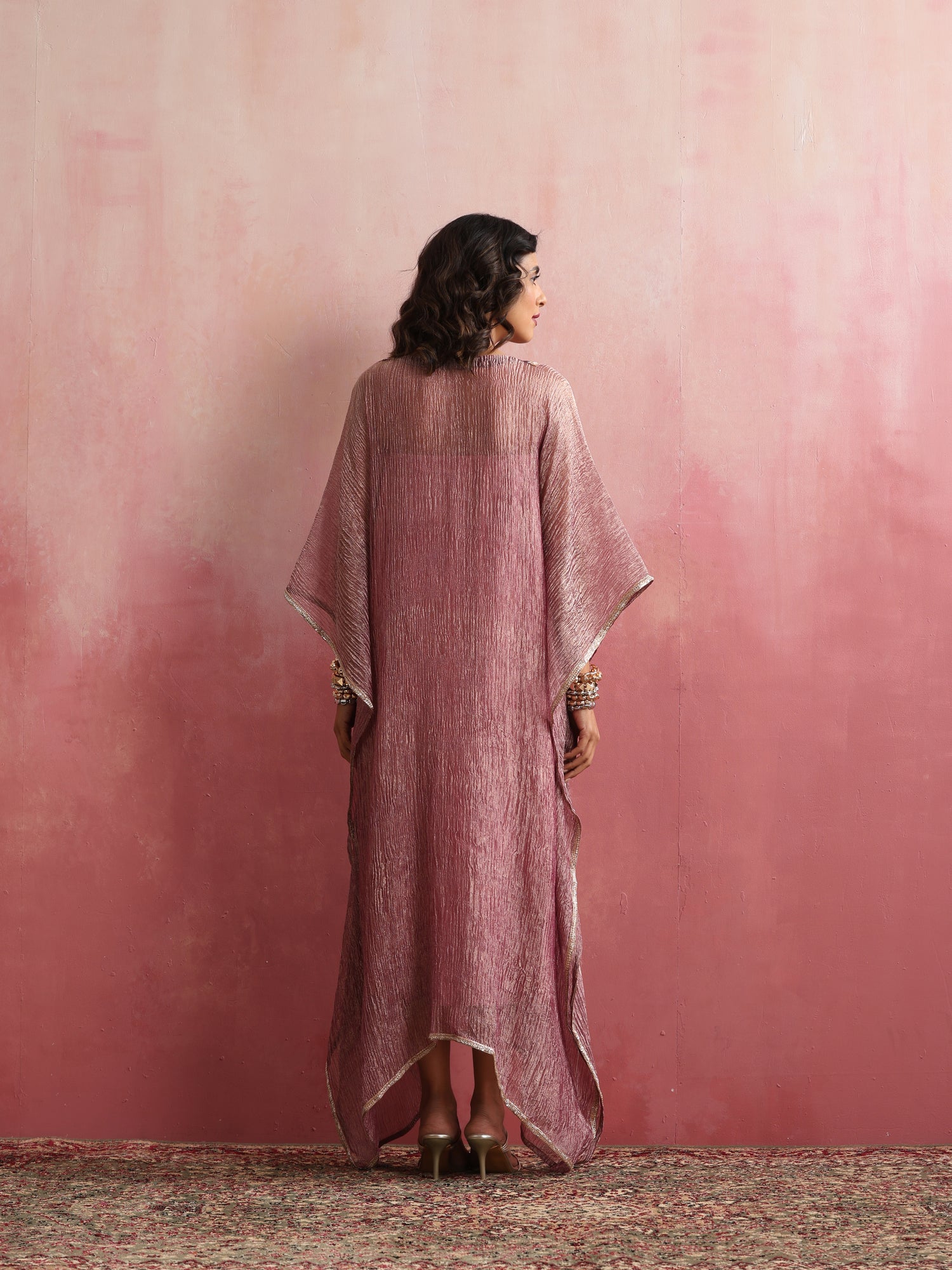Stitched Crushed Tissue Silk Embroidered Kaftan in Dusty Rose