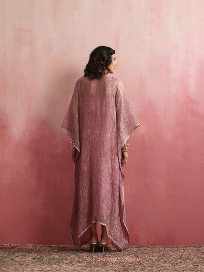 Stitched Crushed Tissue Silk Embroidered Kaftan in Dusty Rose